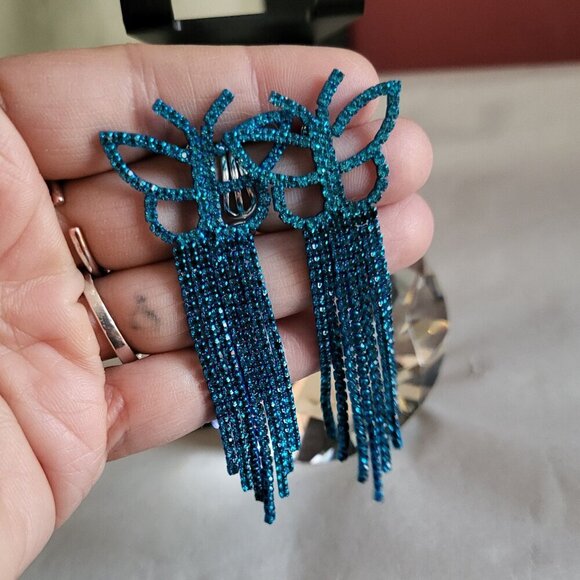 Jewelry - TEAL RHINESTONE BUTTERFLY DANGLE EARRINGS